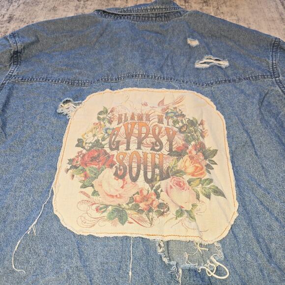 Boho Jane Denim Shirt Womens Large Blue Distressed Blame My Gypsy Soul Patch - Picture 3 of 10